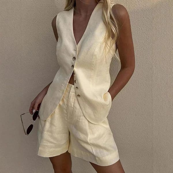 Tornova Cotton Linen Vest Shorts Suit Summer Commuting Sleeveless Vest Loose Shorts Suit Solid Casual Suit For Women 260414BJ