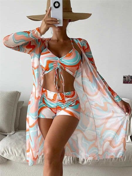 3 Piece Sexy Printed Bikinis 2025 Women High Waist Swimsuit Cover Up Swimwear Female Lady Bathing Suit Swimming Summer Beachwear H260415