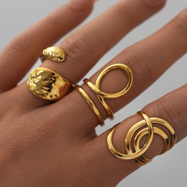 Stainless Steel Geometric Hollow Layered Wide Ring Metal Texture Waterproof Daily Simple Stylish Golden Jewelry for Women 260409