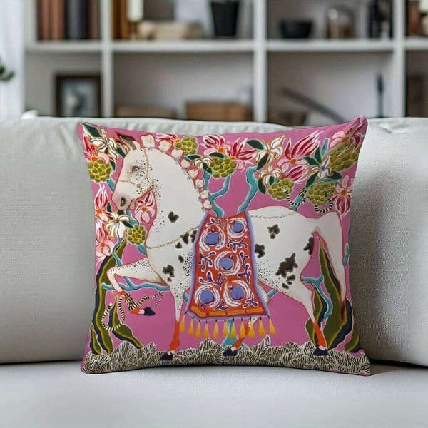 Pillow Case 1pc Vibrant Pink Folk Art Horse Pillow Cover, Polyester Double-Sided Print, Whimsical Floral & Equestrian Design, Boho Chic Home 26Y0415
