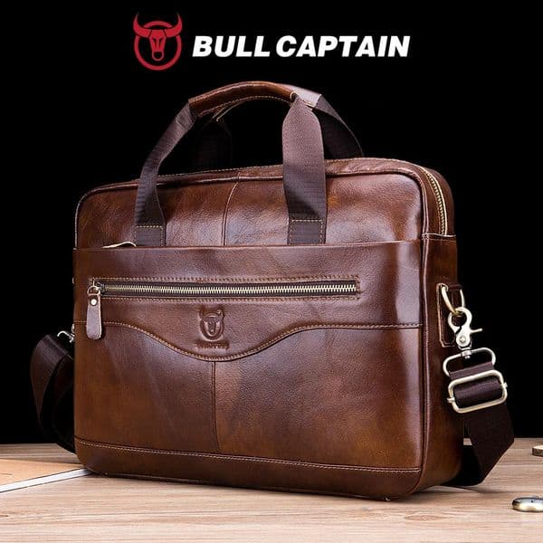 BULLCAPTAIN Briefcase Shoulder Messenger Bags Mens Genuine Leather 14inch Laptop Office Business Handbag 260414