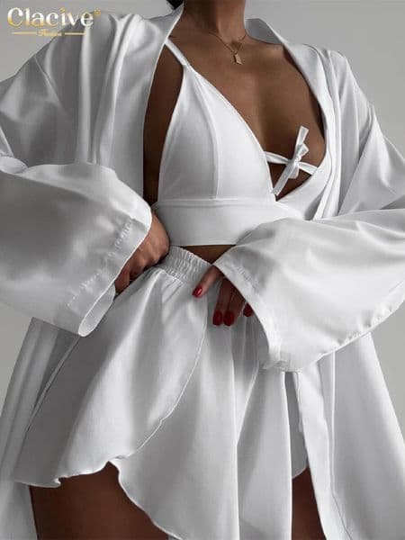 Clacive Sexy Loose White Satin 3 Piece Sets Women Outfit Fashion Long Sleeve Lace-Up Robes Bra High Waist Shorts Set 260414BJ