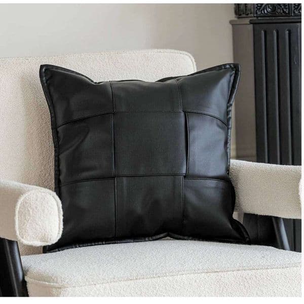 Italian black and white sofa pillowcase, hotel living room backrest cushion, light luxury PU leather woven waist pillow 26W0416