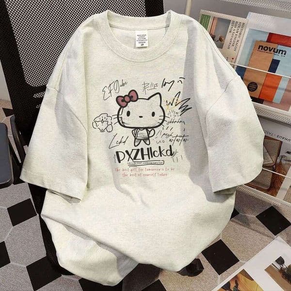 100% Pure Cotton Niche Cartoon Letter Print Short-Sleeve Retro Mid-Length T-Shirt For Women, Loose Summer Top Women Top Short Sleeves Fashion Shirt