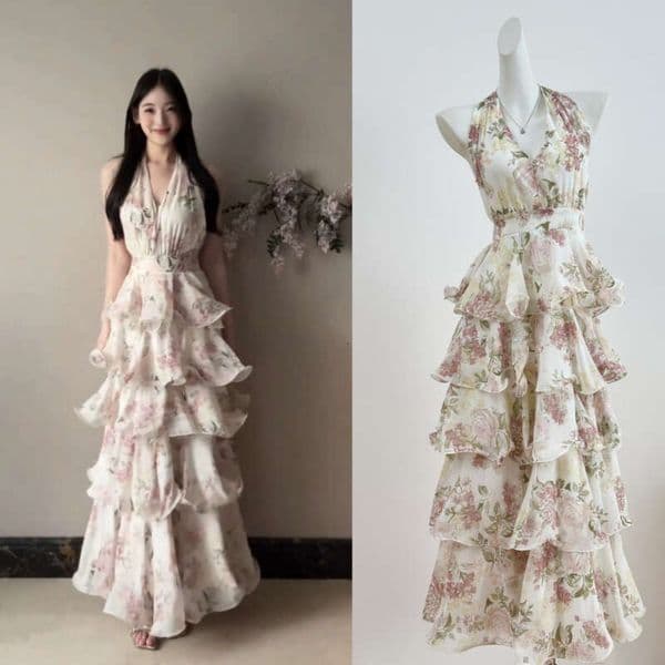 Women's French printed backless collar summer designer petite and elegant waist cinching long skirt with large ruffled hem