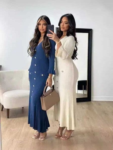 2024 Autumn Winter Elegant Buttoned Knitted Maxi Dresses for Women Sexy V-neck Long Sleeve Button Bodycon Party Dress OuttwearT260416