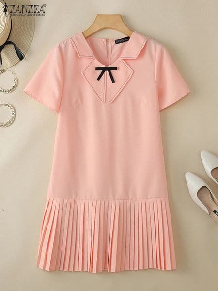 ZANZEA Preppy Style Summer Mini Dress Casual Short Sleeve Bow Detail Contrast-Stitch Lapel Pleated Dresses Elegant Womens Robes 260414BJ