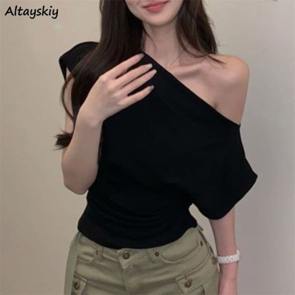 T-shirts Women Clothing Skew Collar Vintage Summer Aesthetic Sexy Off Shoulder Streetwear Elegant Minority Fashionable Pure 260415BJ