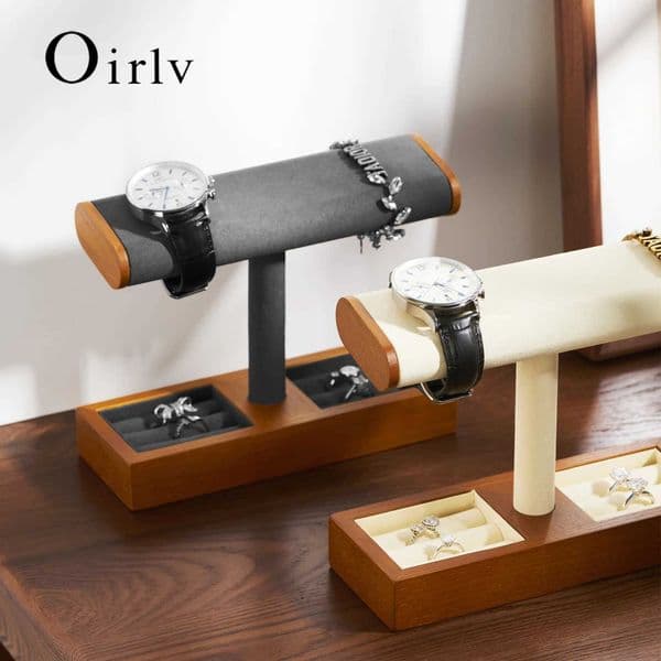 Oirlv Wooden Jewelry Organizer Watch Display Stand Necklace Bracelet Rings Storage Rack Jewelry T-bar Holder Showcase Props c2604