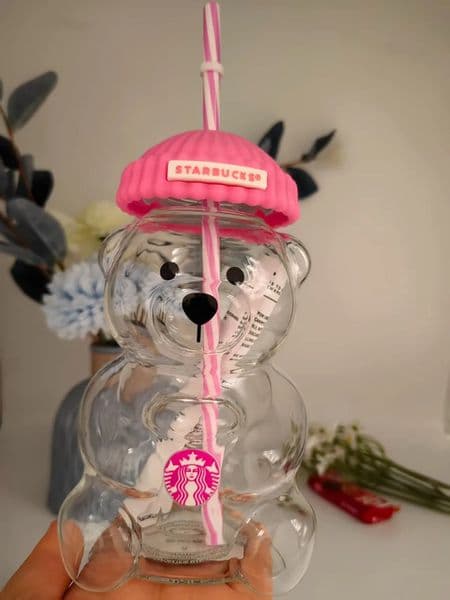 Luxury Designer Decor Strawberry Pink 20Oz Star Bucks Glass Bear Cup Straw Cute Transparent Tumbler With Hat room For Iced Coffee Drink Vale 10
