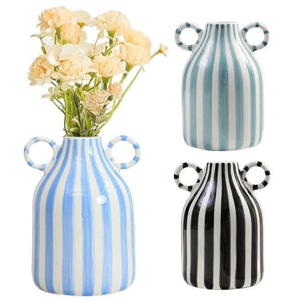 Nordic Style Art Vase Ornament Double Ear Striped Ceramic Vase Hydroponic Flower Cutting Bottle Home Decoration Flowerpot L260516