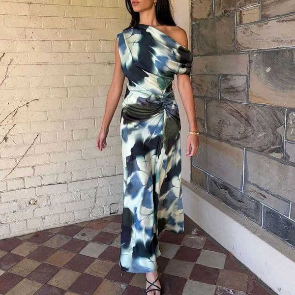 Casual Slveless Print Party Dress Elegant Slant Shoulder Draped Long Dress Women Fashion Irregular Hight Waist Holiday Dress L260416