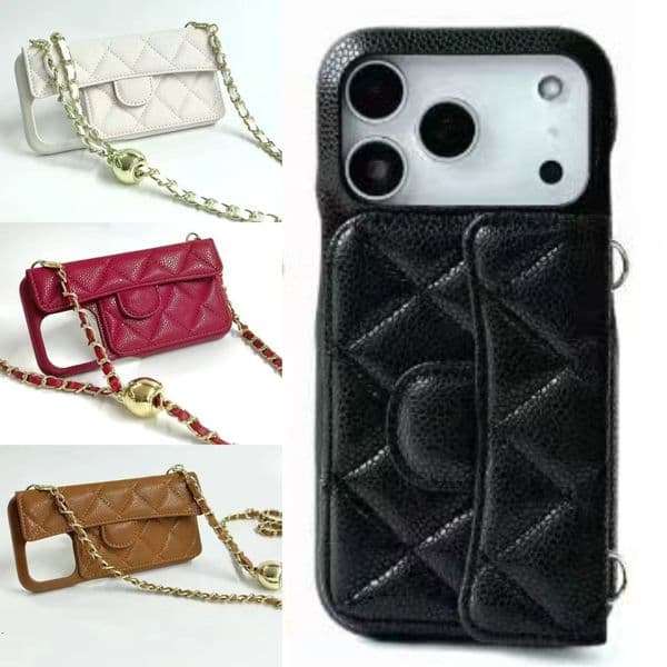 For iPhone 17 Pro Max Cases Women Crossbody Leather Phone Case Designer iPhone Case Apple iPhone 16 Pro Max 15 13 14 Plus Wallet Card Holder Cases Cover Shoulder Chain