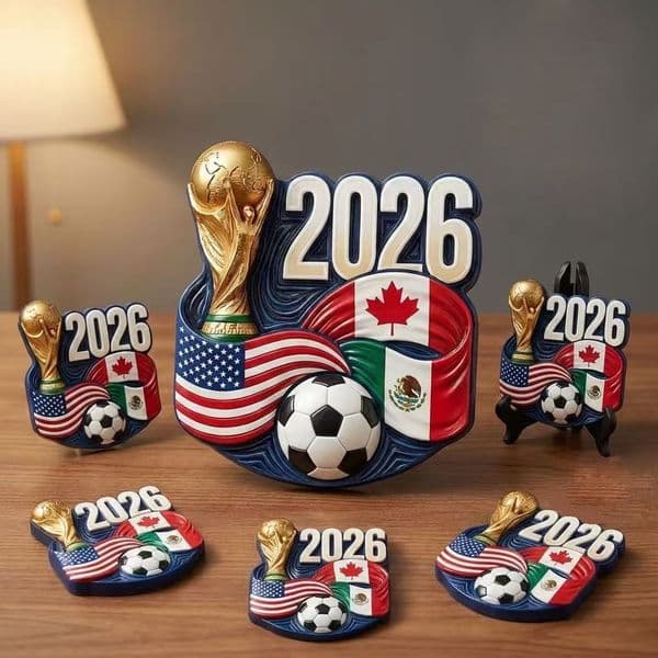 2026 Soccer World Cup Commemorative Resin Sculpture, USA Canada Mexico Flags Trophy Ornament