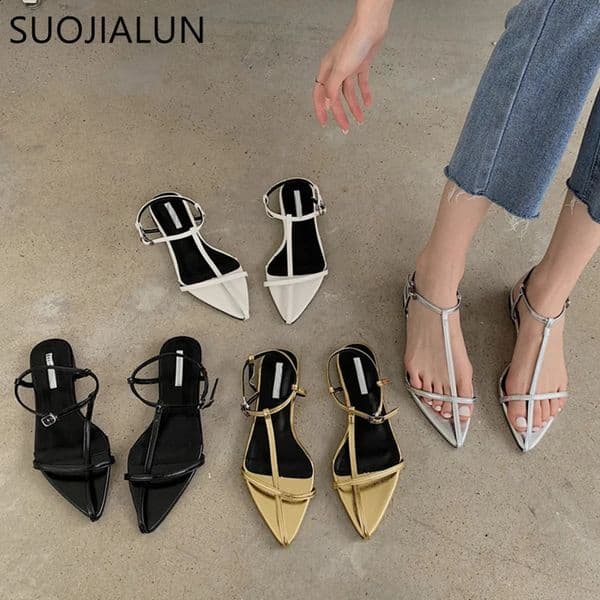 SUOJIALUN 2025 Women Sandal Fashion Narrow Band Flat Heel Ladies Gladiator Shoes Pointed Toe Ankle Buckle Zapatos Muje 260415BJ