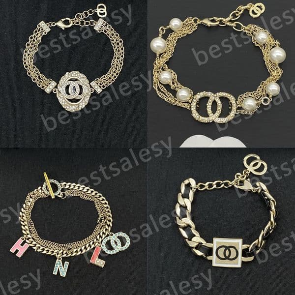 Brass Designer Bracelet Crystal Pearl Chains Bangle Party Jewelry Copper Letter Bracelet Women Fashion Jewelry