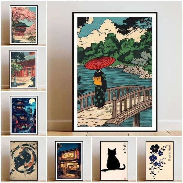 Vintage Japan Cherry Blossom Art, Temple Poster, Retro Japanese Wall Art 26H0416