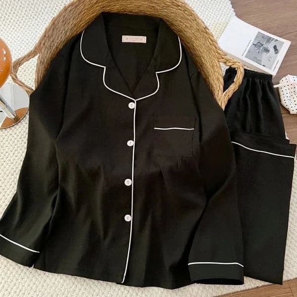 Plus Size Womens Solid Casual Pajamas Set Simple Long Sleeve Button Down Sleepwear Spring Lapel Neck Soft Two Piece Loungewear 260415BJ