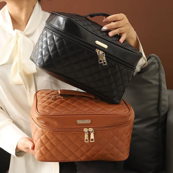 Diamond-pattern Makeup Black PU Handbag Large-capacity Cosmetic Storage Popular Travel Toiletry Bag