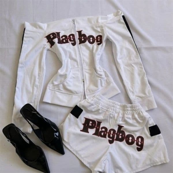 Y2k Aesthetic Two Pieces Sets Women Sexy Slash Neck Letter Print Hoodie High Waist Shorts Streetwear Spring Grunge Outfits 260408BJ