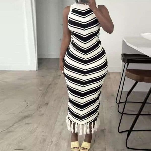 New summer FC fashion striped knitted dress with slim fit round neck and sleeveless color block tassel dress