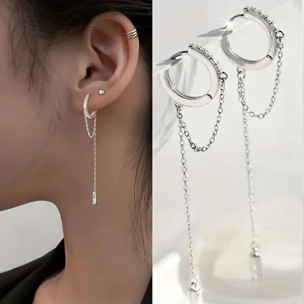 Fashionable Silvery Tassel Hoop Pendant Earrings Exquisite Jewelry Perfect Birthday Gift for Girls 260409BJ