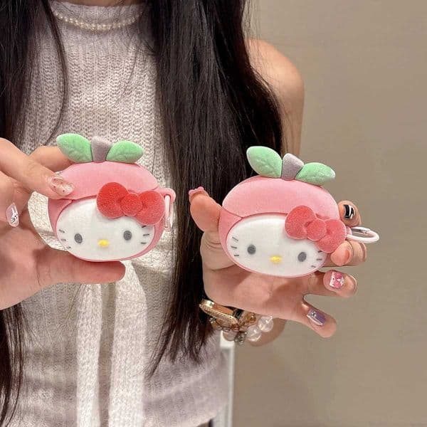 Cute 3D Cartoon Flocked Peach Hello Kitty Earphone Case For Airpods Pro3 Pro2 Pro Airpods 1 2 3 4 Silicone Headphone Cover S26415