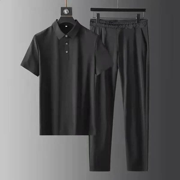 Summer Fashion Solid Color Comfortable Breathable Sports Suit Mens Business Leisure Loose Size Two-Piece Set M-4XL 260415