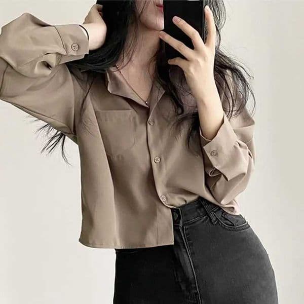 Simple Single Breasted Loose Casual Solid Long Sleeved Shirt And Blouse Office Lady Trend Short Top Simple Elegant White ClothesT260416