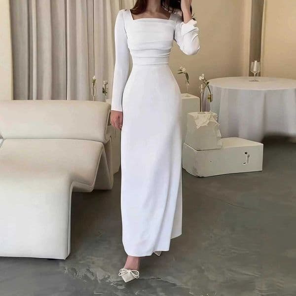 Square collar long sleeved new dress high waist solid color fashionable dress pleated slim fit high waist casual long dressT260416