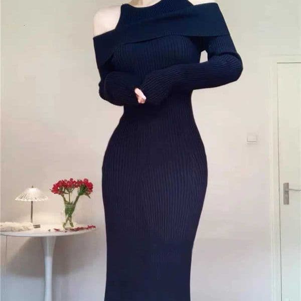 Autumn Winter Pure Desire Style Knitted Off Shoulder One Shoulder Womens Clothing Coat with Fishtail Skirt Underneath DressesT260416
