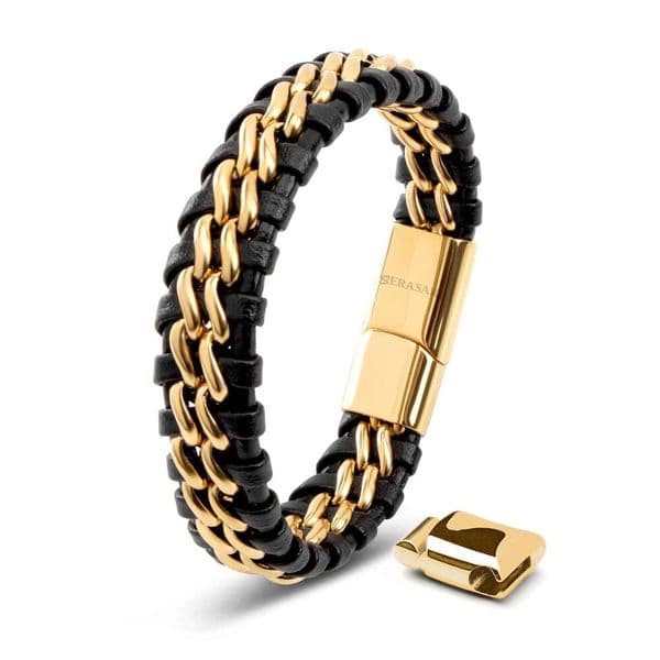 Woven Titanium Cuban Steel Color Extension Buckle Engraved Gold Double Chain Leather Bracelet