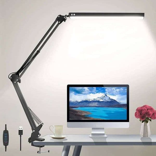 LED Folding Metal Desk Clip on Light Clamp Long Arm Diming Table Lamp 3 Colors Adjustable For Living Room Reading Computers 26W0416