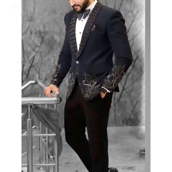 Black Luxury Beaded Crystal Mens Suit Two-Piece Blazer Jacket and Pants Set Groom Wedding Party Formal Suits A01
