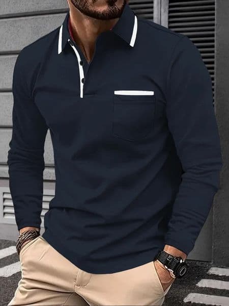 Mens crossborder fashion lapel collage button mens casual sports long sleeved polo shirt 260416BANJIA