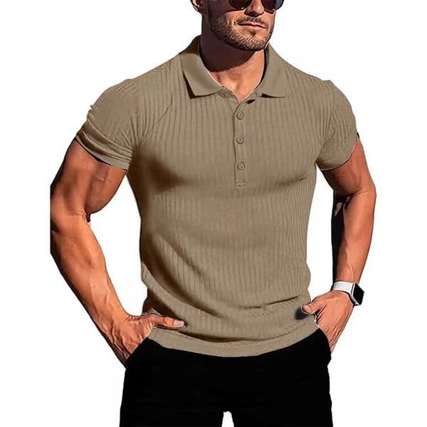 Mens running sports fitness wear summer high stretch vertical short-sleeved POLO shirt slim knit base shirt 260416
