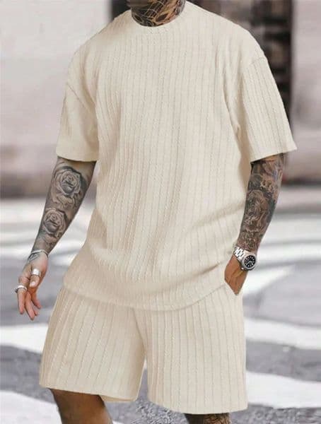 Mens Sports Suit Item Solid Color Round Neck Pullover Vertical Pattern Casual Comfortable Tshirt Shorts Twopiece Set 260415