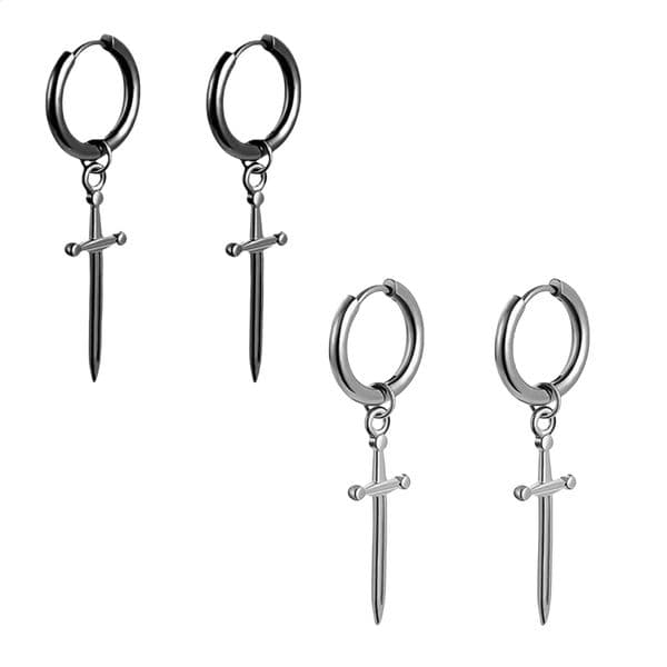 Cross Sword Punk Goth Black Stainless Steel Piercing Hoop Earrings for Male Woman Unusual Fashion Trendy Long Jewelry Y2K 2025 260414