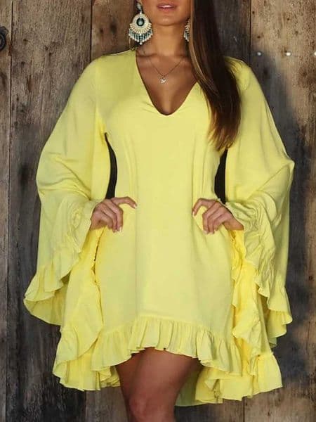 New V Neck For Womens Solid Color Dresses Spring Fashion Flared Long Slve Peplum Elegant Female Holiday Party Mini Dresses L260416