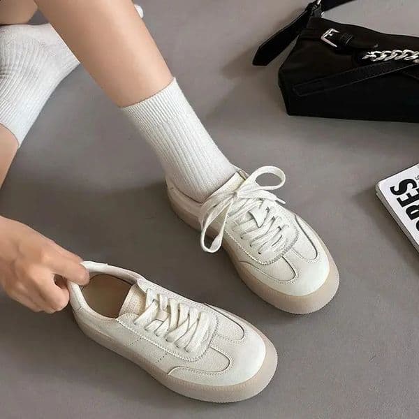 Retro Womens Chunky-Soled White Height-Increasing Trainers Simple Soft Genuine Leather Non-Slip Durable Versatile Casual Sports 260415BJ