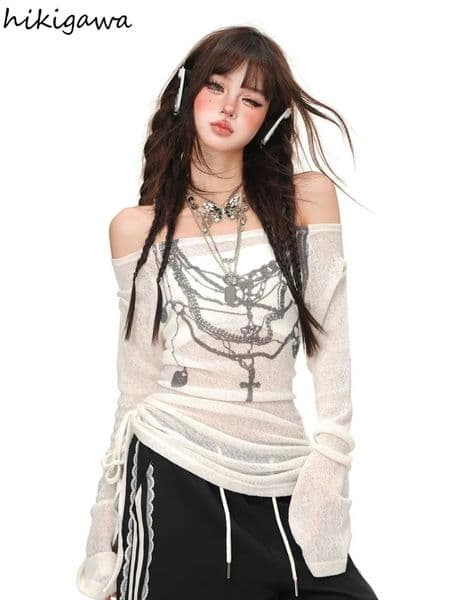 Y2k Women T Shirts Print Slash Neck Long Sleeve Tees Ropa Mujer Off Shoulder Drawstring Tunic Tshirt See Through Sexy T-shirts 260416