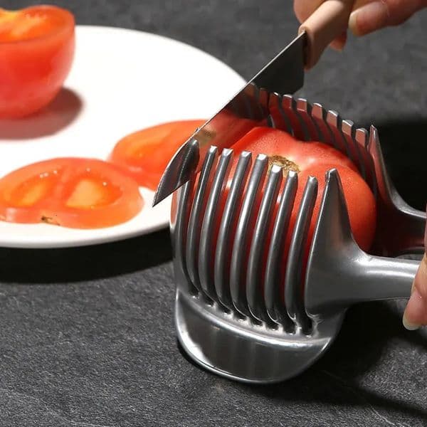 room Luxury Designer Decor Fruit Vegetable Tools Kitchen Gadgets Handy Stainless Steel Onion Holder Potato Tomato Slicer Cutter Safety Cooki 3