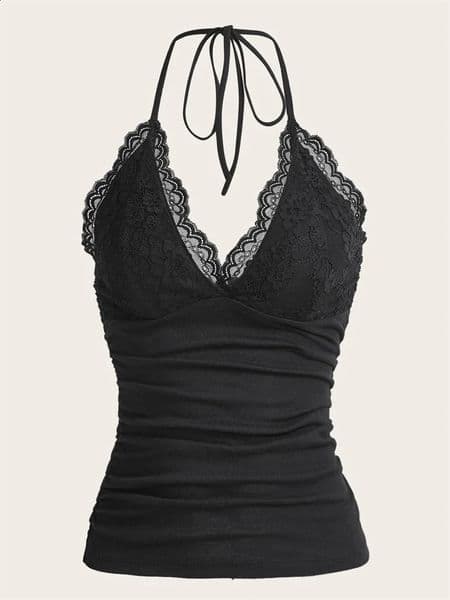 Goth Grunge Punk Black Lace Patchwork Halter Top Women Summer Solid Ruched Backless Sleeveless Tank Streetwear Y2K Clothes 260415
