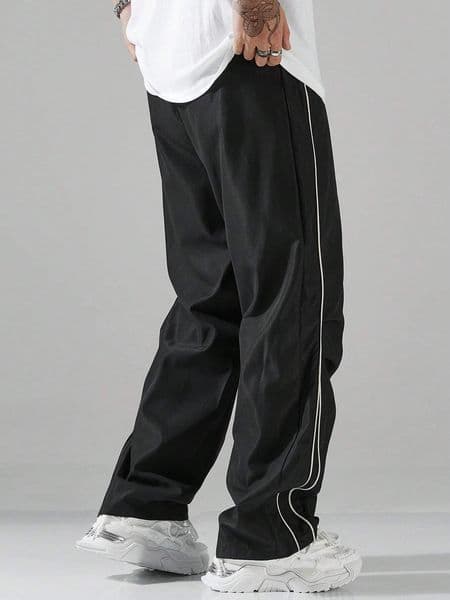 Larbulse Men Contrast Trim Trouser Fashion Casual Pants Solid Color Breathable Loose Straight Drawstring Streetwear 260415BJ