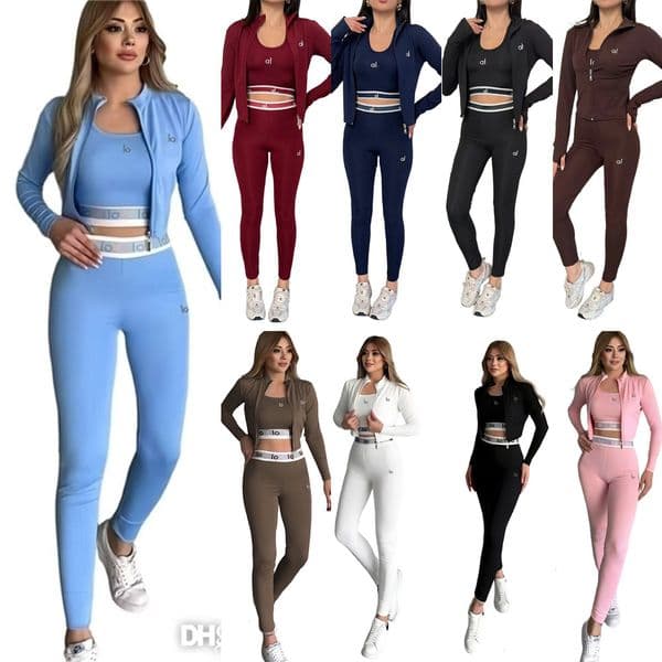Spring Autumn Tracksuits For Women Designer Fashion Three 3 Piece Set Sexy Embroidered Letter Vest Long Sleeve Jacket And Slim Fit Pants Sports Running Yoga Outfit