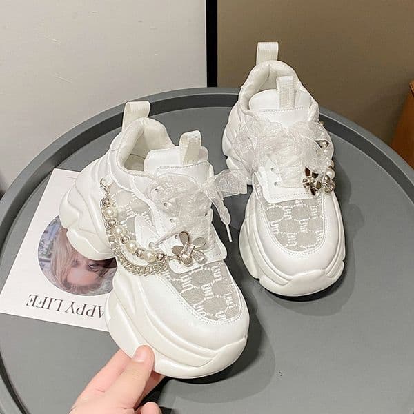 7CM Women Platform Luxury Sneakers Lace-up Summer Sports Dad Shoes High Top Chunky Casual Shoes Woman Thick Bottom Mesh White Shoes Pearl Embellished Running Shoes