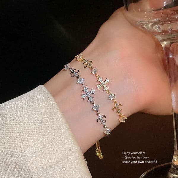 Iris Flower Zircon Cross Adjustable European And American Versatile Stylish Bracelet, Fashionable Niche Design Jewelry