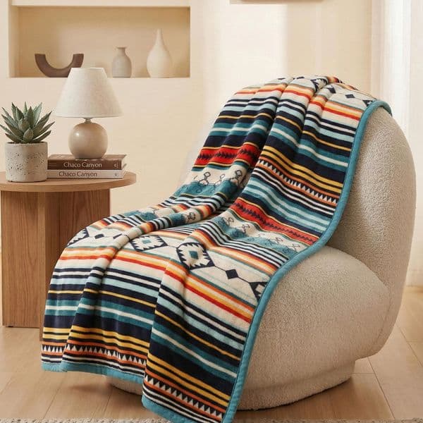 Bohemian Aztec Striped Reversible Throw Blanket, Ultra Soft Cozy Warm Plush Sherpa Blanket, Tribal Geometric Pattern Blanket for Home Decor