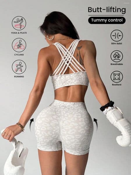 Women's Tracksuits High Waisted And Belly Hugging Leopard Print Set For Women Lifting Hips Tight Fitting External Wear Running Peach