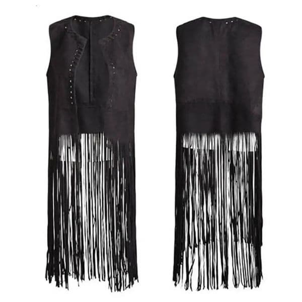 Women Mid Long Vest Vintage Fringed Suede Vest Womens Open Front Hollow Hole Waistcoat Chic Streetwear with Long Tassels Solid 250303BJ